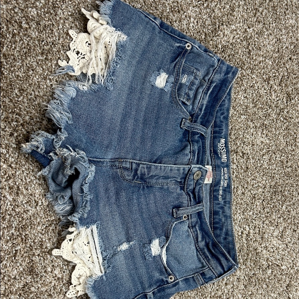 Mossimo Supply Co. Distressed Blue Jean Shorts with Crochet Detail